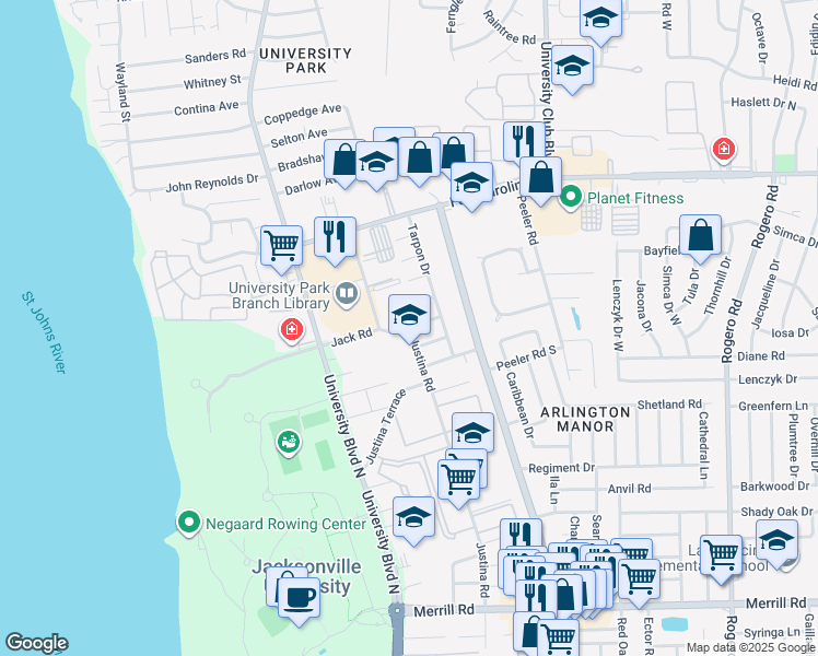 map of restaurants, bars, coffee shops, grocery stores, and more near 5803 Jack Road in Jacksonville