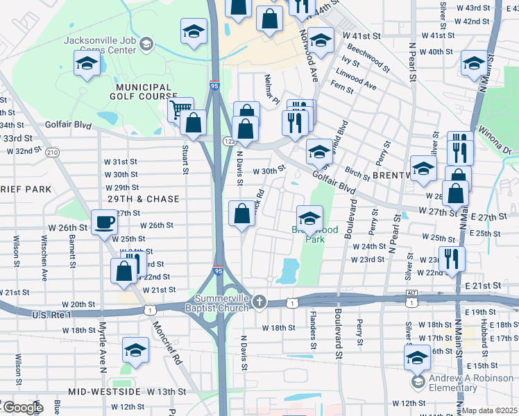 map of restaurants, bars, coffee shops, grocery stores, and more near 3656 Wood Creek Lane in Jacksonville