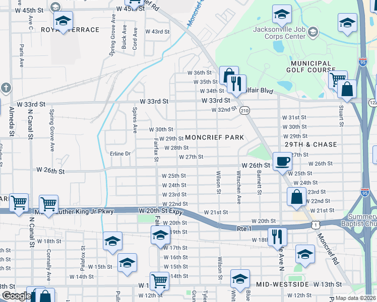 map of restaurants, bars, coffee shops, grocery stores, and more near 1637 West 28th Street in Jacksonville