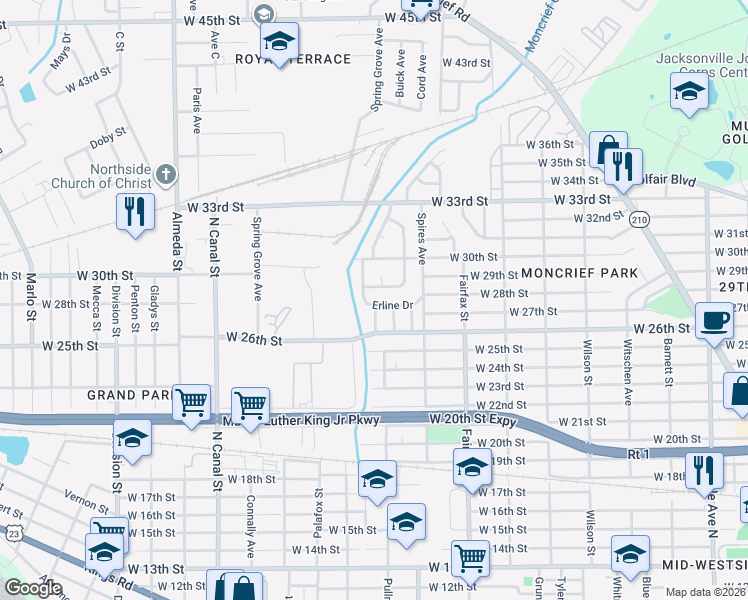 map of restaurants, bars, coffee shops, grocery stores, and more near 1964 Leonard Circle West in Jacksonville