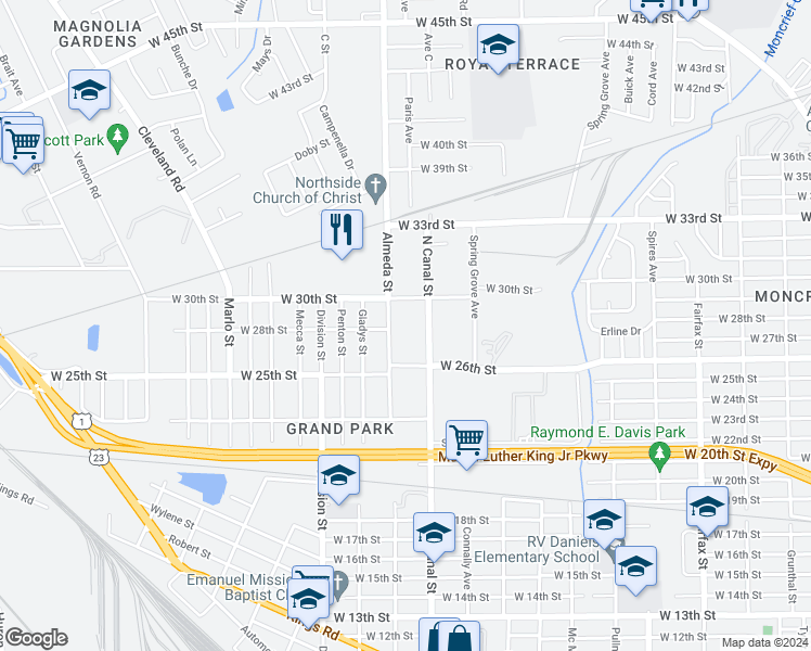 map of restaurants, bars, coffee shops, grocery stores, and more near 3812 North Canal Street in Jacksonville