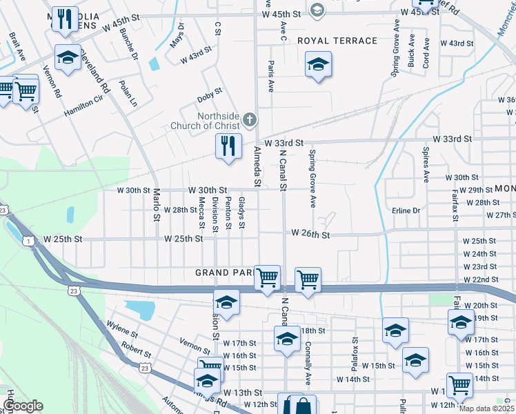map of restaurants, bars, coffee shops, grocery stores, and more near 3818 Almeda Street in Jacksonville