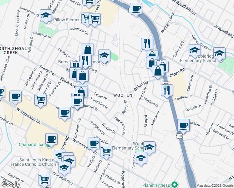 map of restaurants, bars, coffee shops, grocery stores, and more near 8302 Renton Drive in Austin