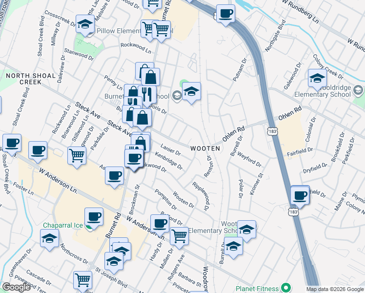map of restaurants, bars, coffee shops, grocery stores, and more near 8300 Cochrane Cove in Austin