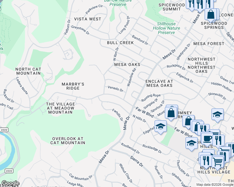 map of restaurants, bars, coffee shops, grocery stores, and more near 4205 Venado Drive in Austin