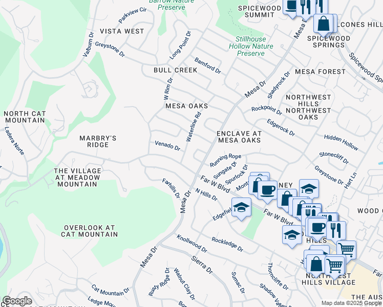 map of restaurants, bars, coffee shops, grocery stores, and more near 4109 Circletree Loop in Austin