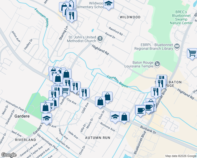 map of restaurants, bars, coffee shops, grocery stores, and more near 633 Fall Creek Drive in Baton Rouge