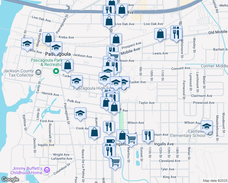 map of restaurants, bars, coffee shops, grocery stores, and more near 2602 Market Street in Pascagoula