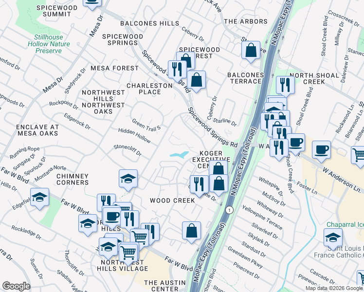 map of restaurants, bars, coffee shops, grocery stores, and more near 7630 Wood Hollow Drive in Austin
