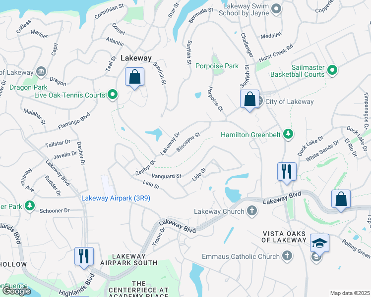 map of restaurants, bars, coffee shops, grocery stores, and more near 913 Biscayne Street in Lakeway