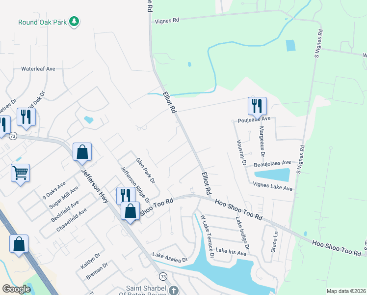 map of restaurants, bars, coffee shops, grocery stores, and more near 17858 Barrett Lane in Baton Rouge