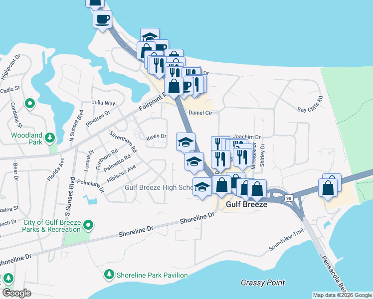 map of restaurants, bars, coffee shops, grocery stores, and more near 549 Gulf Breeze Parkway in Gulf Breeze