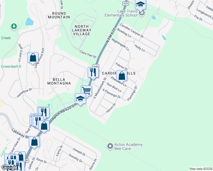 map of restaurants, bars, coffee shops, grocery stores, and more near 15204 Sun-Bird Lane in Austin
