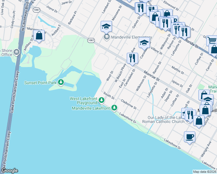 map of restaurants, bars, coffee shops, grocery stores, and more near 232 West Street in Mandeville