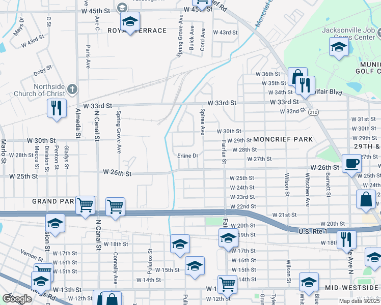 map of restaurants, bars, coffee shops, grocery stores, and more near 1964 Leonard Circle West in Jacksonville