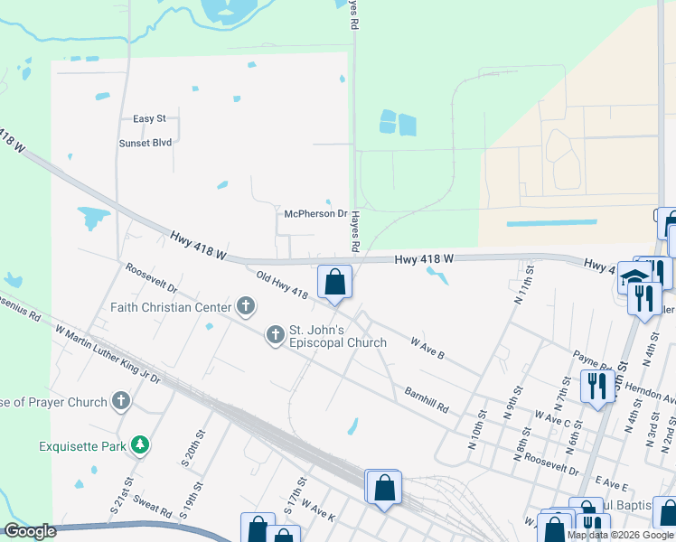 map of restaurants, bars, coffee shops, grocery stores, and more near 155 Farmers Street in Silsbee