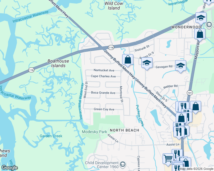 map of restaurants, bars, coffee shops, grocery stores, and more near 1161 Sebago Avenue South in Atlantic Beach