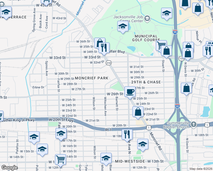 map of restaurants, bars, coffee shops, grocery stores, and more near 3726 Witschen Avenue in Jacksonville