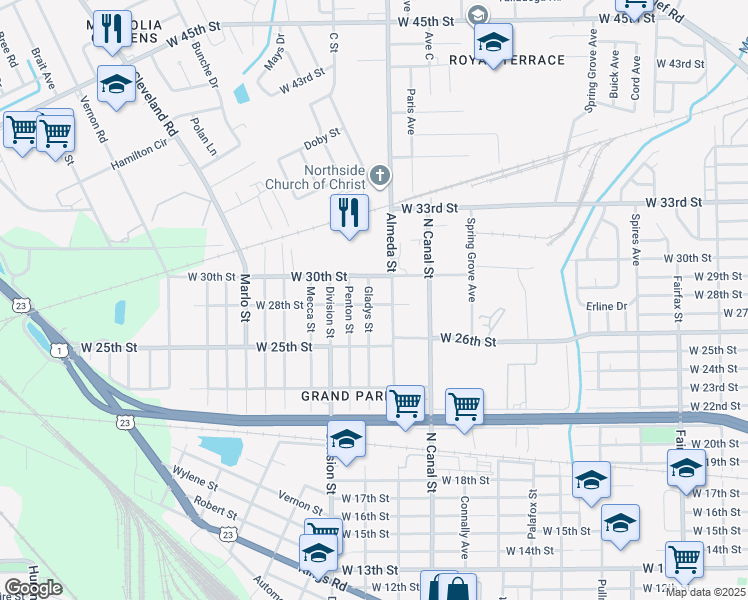 map of restaurants, bars, coffee shops, grocery stores, and more near 3818 Almeda Street in Jacksonville