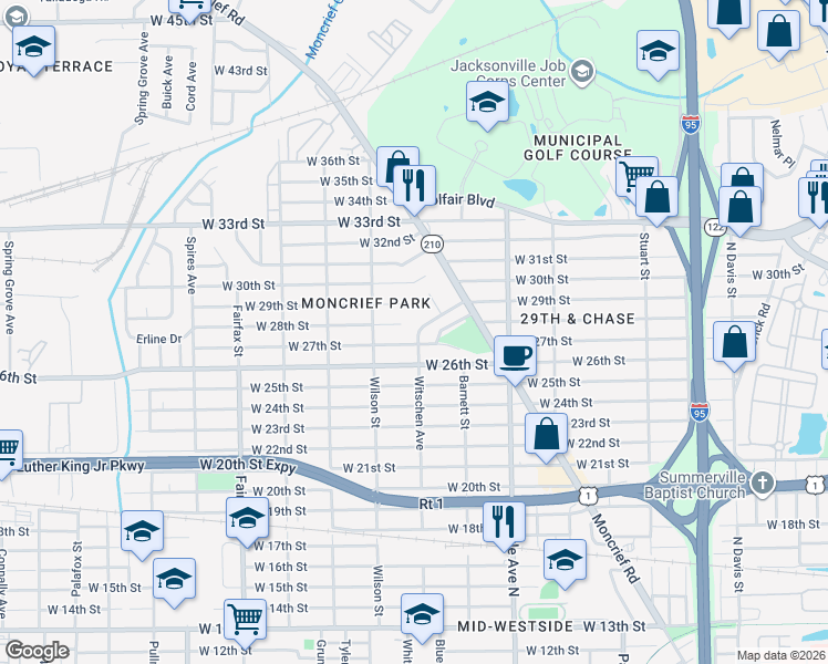 map of restaurants, bars, coffee shops, grocery stores, and more near 3726 Witschen Avenue in Jacksonville