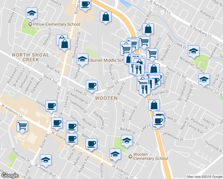 map of restaurants, bars, coffee shops, grocery stores, and more near 1809 Ohlen Road in Austin