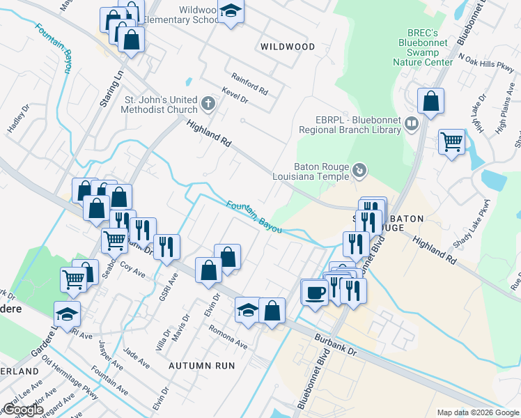map of restaurants, bars, coffee shops, grocery stores, and more near 9920 Highland Road in Baton Rouge