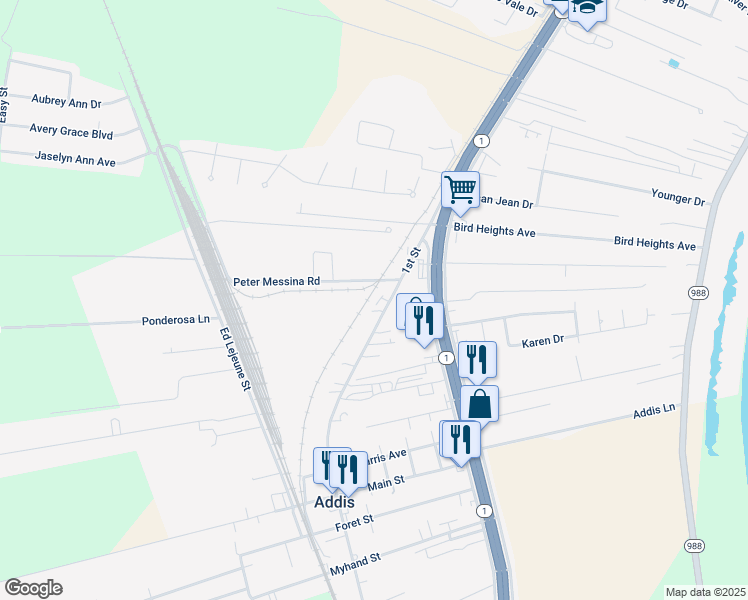 map of restaurants, bars, coffee shops, grocery stores, and more near 7436 1st Street in Addis