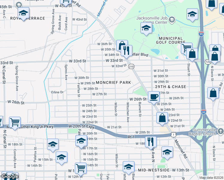 map of restaurants, bars, coffee shops, grocery stores, and more near 1581 West 28th Street in Jacksonville