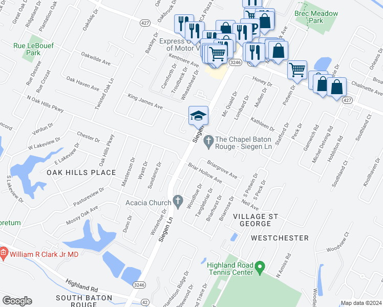 map of restaurants, bars, coffee shops, grocery stores, and more near 9639 Siegen Lane in Baton Rouge