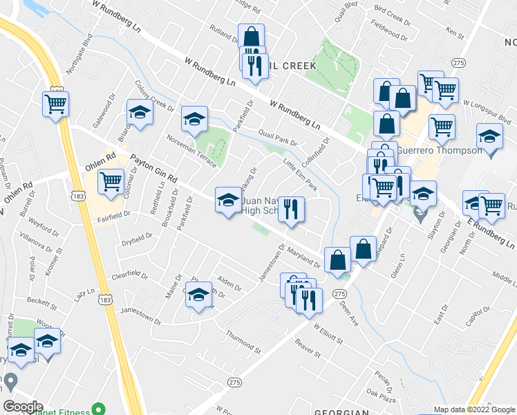map of restaurants, bars, coffee shops, grocery stores, and more near 8900 Collinfield Drive in Austin