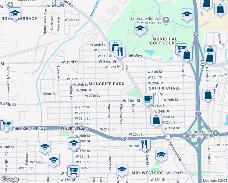 map of restaurants, bars, coffee shops, grocery stores, and more near 1502 West 28th Street in Jacksonville