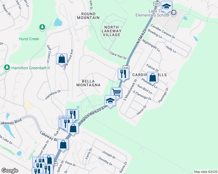 map of restaurants, bars, coffee shops, grocery stores, and more near 504 Bella Montagna Circle in Lakeway