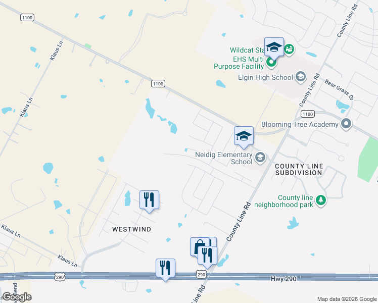 map of restaurants, bars, coffee shops, grocery stores, and more near 18407 Farm to Market Road 1100 in Manor