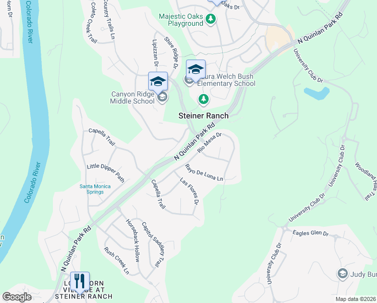 map of restaurants, bars, coffee shops, grocery stores, and more near 2301 North Quinlan Park Road in Austin