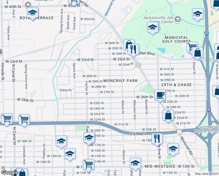 map of restaurants, bars, coffee shops, grocery stores, and more near 1581 West 28th Street in Jacksonville