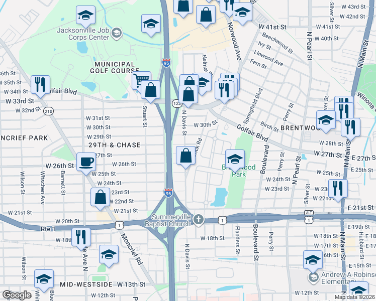 map of restaurants, bars, coffee shops, grocery stores, and more near 3716 North Davis Street in Jacksonville