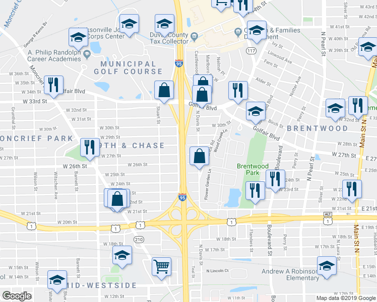 map of restaurants, bars, coffee shops, grocery stores, and more near 3716 North Davis Street in Jacksonville