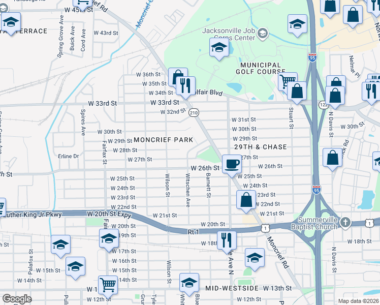 map of restaurants, bars, coffee shops, grocery stores, and more near 3726 Witschen Avenue in Jacksonville