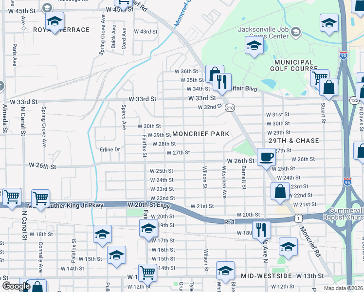 map of restaurants, bars, coffee shops, grocery stores, and more near 1581 West 28th Street in Jacksonville