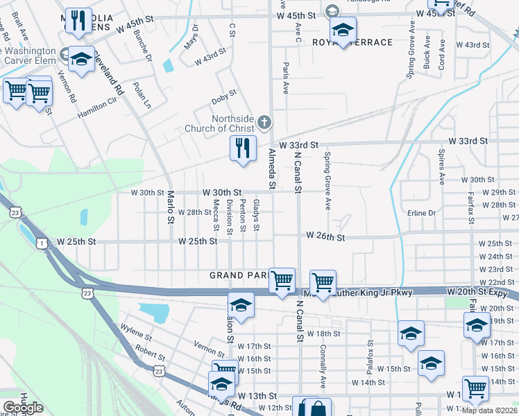 map of restaurants, bars, coffee shops, grocery stores, and more near 3818 Almeda Street in Jacksonville