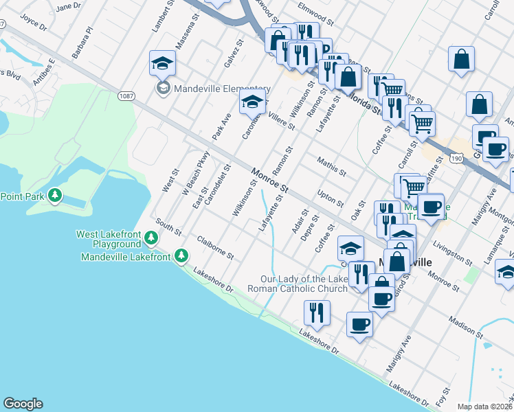 map of restaurants, bars, coffee shops, grocery stores, and more near 412 Wilkinson St in Mandeville