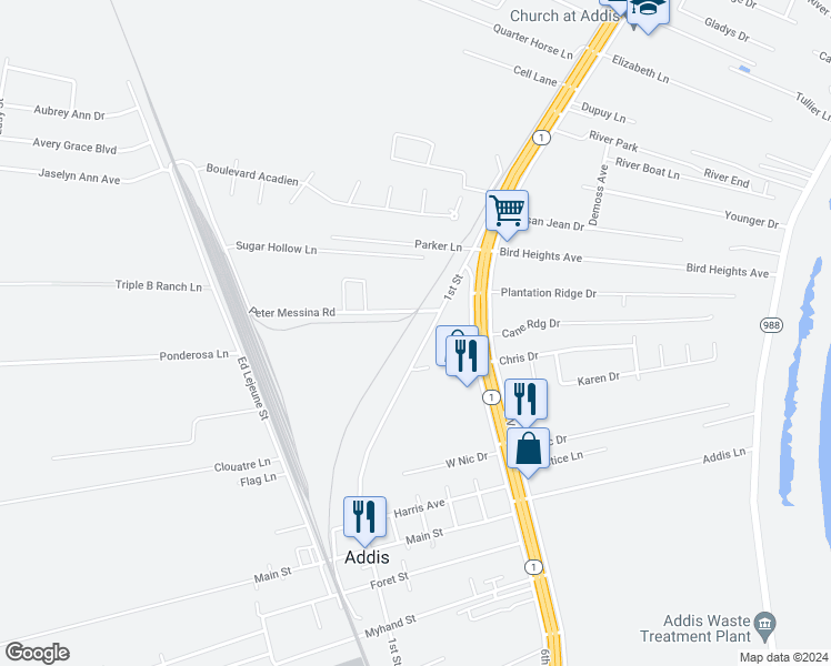 map of restaurants, bars, coffee shops, grocery stores, and more near 7436 1st Street in Addis