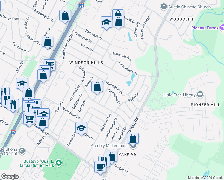 map of restaurants, bars, coffee shops, grocery stores, and more near 1200 Barrington Drive in Austin