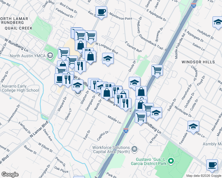 map of restaurants, bars, coffee shops, grocery stores, and more near 204 East Rundberg Lane in Austin