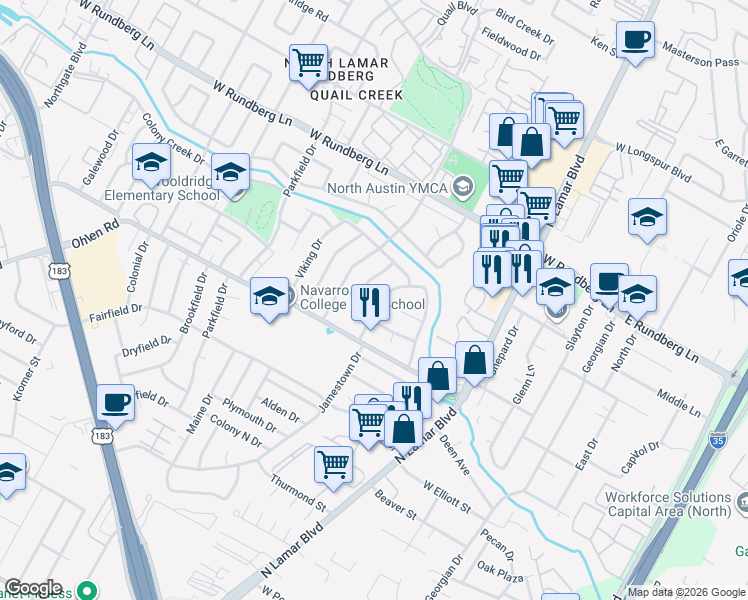 map of restaurants, bars, coffee shops, grocery stores, and more near 9003 Blue Quail Drive in Austin