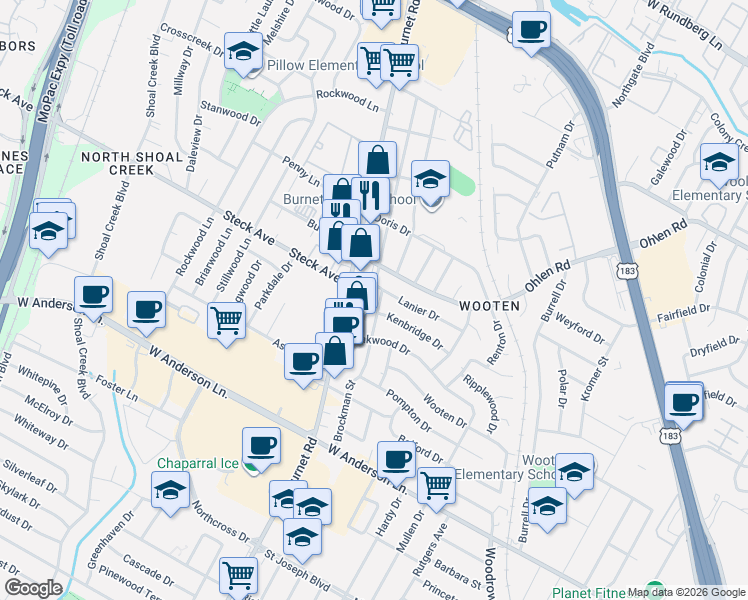 map of restaurants, bars, coffee shops, grocery stores, and more near 2213 Lanier Drive in Austin