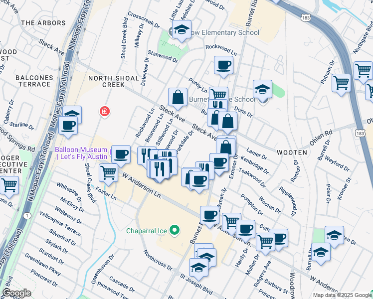 map of restaurants, bars, coffee shops, grocery stores, and more near 8012 Pinedale Cove in Austin