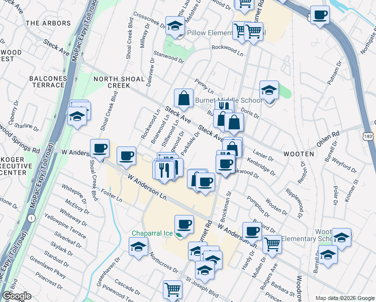 map of restaurants, bars, coffee shops, grocery stores, and more near 8012 Pinedale Cove in Austin