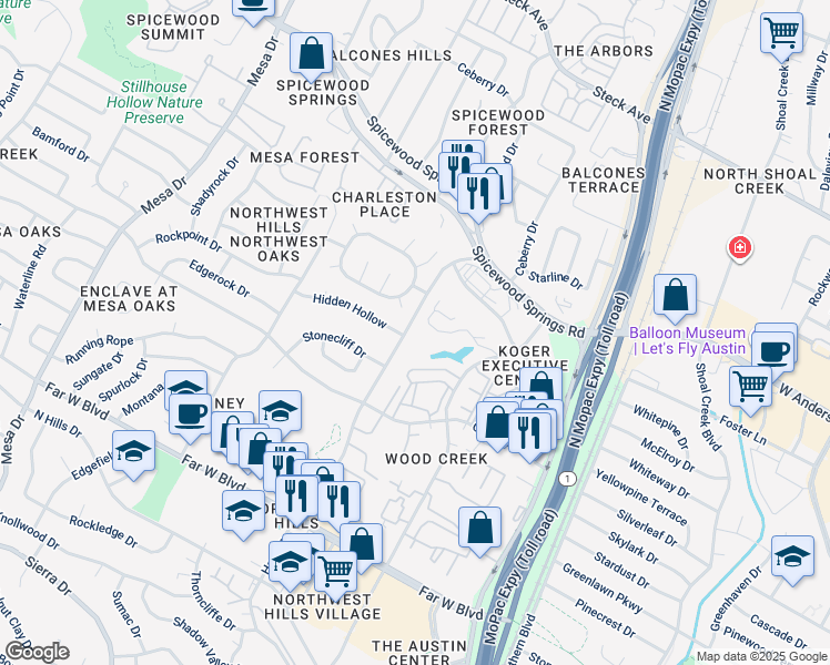 map of restaurants, bars, coffee shops, grocery stores, and more near 7630 Wood Hollow Drive in Austin
