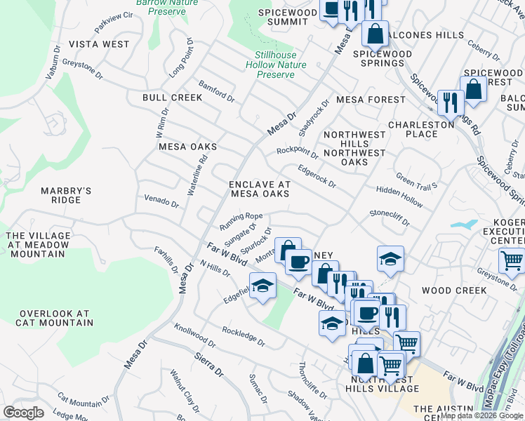 map of restaurants, bars, coffee shops, grocery stores, and more near 7216 Running Rope in Austin